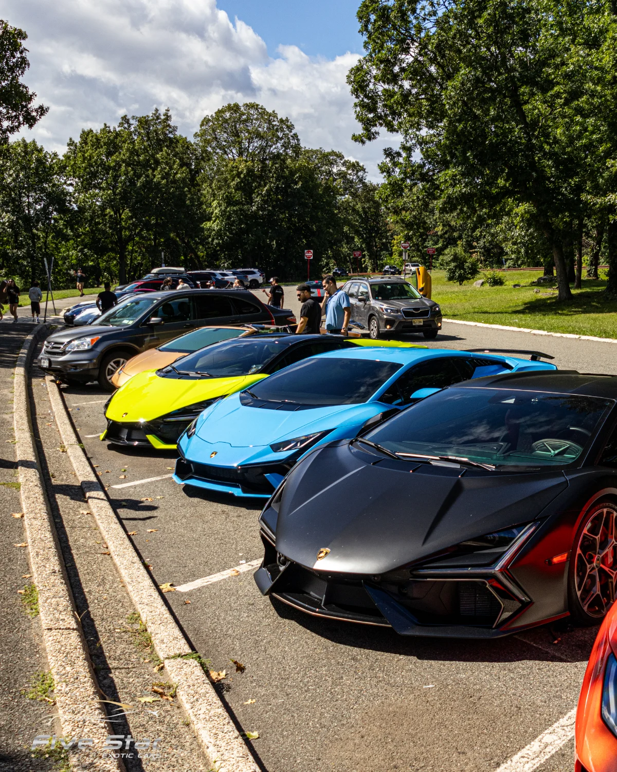Sports cars and visitors gathered along a tree-lined parking area.